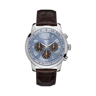 Mens brown crocodile leather strap watch with a blue dial w0380g6